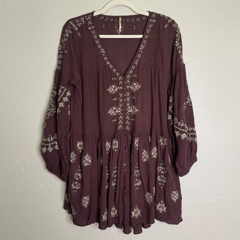 Free People Womens Arianna Tunic XS Purple Embroidered Boho Babydoll Boho Flowy
